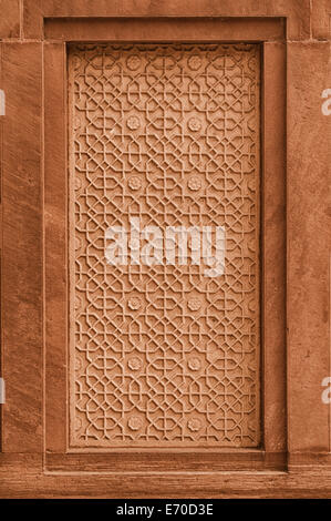 Panneau décorative en pierre sur le mur de façade de l'immeuble. L'Inde, Agra Banque D'Images