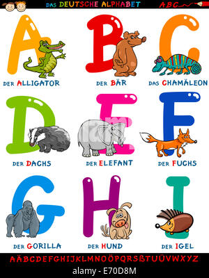 Cartoon Illustration of Colorful Allemand ou Deutsch avec Alphabet Animaux drôles à partir de la lettre A à I Banque D'Images