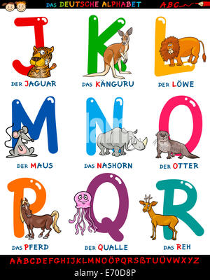 Cartoon Illustration of Colorful Allemand ou Deutsch avec Alphabet Animaux drôles à partir de la lettre J à R Banque D'Images