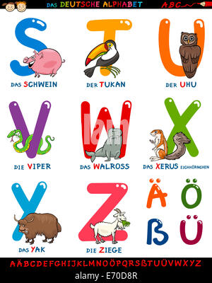Cartoon Illustration of Colorful Allemand ou Deutsch avec Alphabet Animaux drôles à partir de la lettre S à Z et caractères spéciaux Banque D'Images