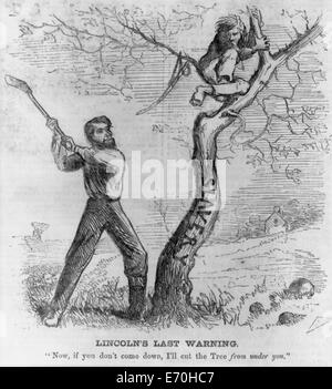 Lincoln's Dernier avertissement - Le président Lincoln à propos de réduire l'esclavage (arbre) - avertissement un homme à descendre de l'arbre, Caricature politique 1862 Banque D'Images