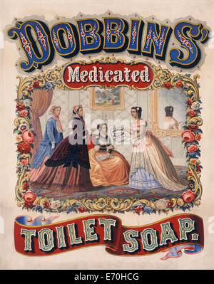 Dobbins' pousse savon de toilette - Affiche montrant quatre femmes bien habillées dans un salon, l'un d'eux est maintenant ouvrir une boîte de 'Dobbins' pousse savon de toilette." Deux des femmes portent des tuniques et des gants comme s'ils viennent d'arriver, la quatrième femme est assis tenant un livre ouvert de la musique en feuille. 1869 Adertisement Banque D'Images