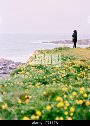 Une femme debout sur les falaises surplombant l'eau. Fleurs sauvages par le chemin. Banque D'Images