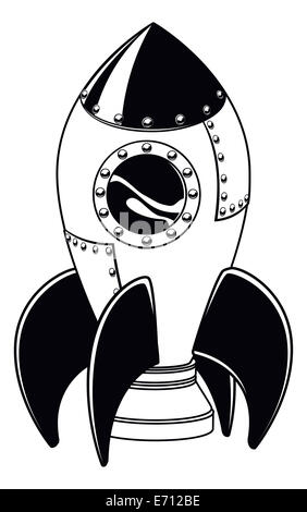 Illustration d'un dessin animé rocket space ship en noir et blanc Banque D'Images