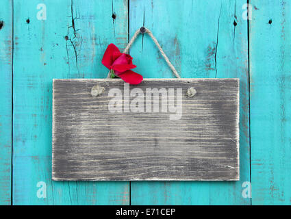 Weathered blank sign avec bouton de rose rouge accroché sur la porte du vieux bois antique blue Banque D'Images