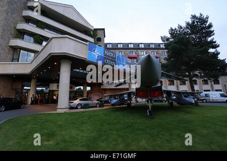 Newport, Pays de Galles, Royaume-Uni. 3 Septembre, 2014. Sur la photo : Un avion militaire en face de l'hôtel Celtic Manor, le principal lieu d'exposition pour le sommet de l'OTAN. Re : Sommet de l'OTAN, Celtic Manor près de Newport, Pays de Galles UK : Crédit D Legakis/Alamy Live News Banque D'Images