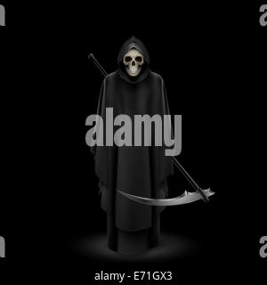 Ange de la mort avec une faux dans la main sur fond noir. Banque D'Images