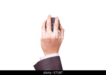 Businessman hand holding souris, isolé sur fond blanc. Banque D'Images