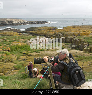 Photographe avec appareil photo et grands verres assis sur rock photographier les oiseaux sur l'île de Farne avec vue sur les falaises et l'océan au-delà Banque D'Images