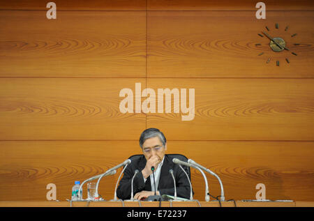 Tokyo, Japon. 16Th Jun 2014. Banque du Japon (BOJ) Haruhiko Kuroda gouverneur assiste à une conférence de presse au siège de la BOJ à Tokyo, Japon, le 4 septembre 2014. Credit : Stringer/Xinhua/Alamy Live News Banque D'Images