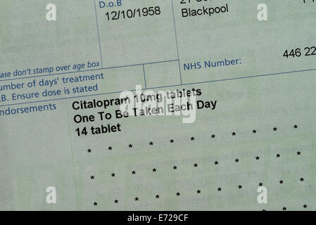 Partie de prescription pour le citalopram, un médicament couramment prescrit pour le traitement de la dépression et l'anxiété Banque D'Images