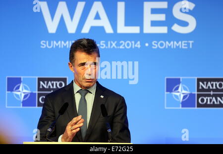 Newport, Pays de Galles, Royaume-Uni. Le 4 septembre, 2014. Sur la photo : le Secrétaire général de l'OTAN Anders Fogh Rasmussen de donner une conférence de presse. Re : Sommet de l'OTAN au Celtic Manor, Newport, Pays de Galles, Royaume-Uni. Credit : D Legakis/Alamy Live News Banque D'Images