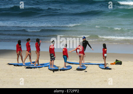 Les adolescents ayant une leçon pour planche de surf équitation sur la plage de Surfers Paradise sur la Gold Coast en Australie Banque D'Images