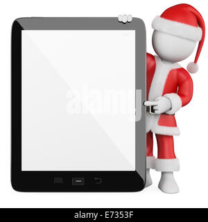 Noël blanc 3d personne avec un costume de Père Noël et un énorme ordinateur tablette vierge. Image 3d. Isolé sur fond blanc. Banque D'Images