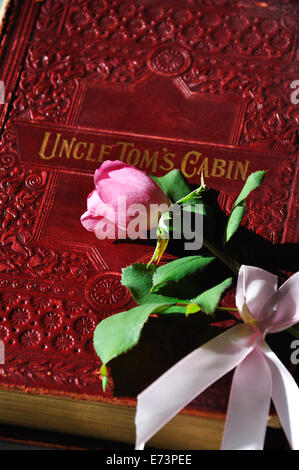 Vieux livre 'Uncle Tom's Cabin' et rose Banque D'Images