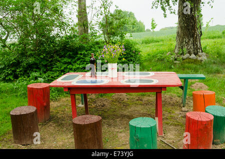 Les peuplements de cour jardin grande table en bois avec bouquet de fleurs dans un vase autour des souches peint coloré Banque D'Images