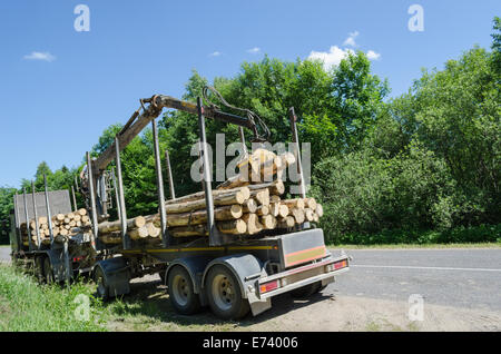 Machines forestières lourds avec remorque journal coupe le long de la route de gravier stand pile Banque D'Images