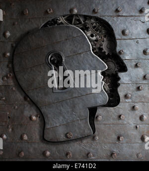 Cerveau humain porte avec serrure en métal concept engrenages et pignons Banque D'Images