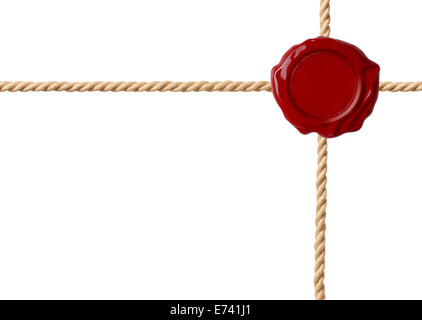 Sceau de cire rouge avec cordes croisées isolated Banque D'Images
