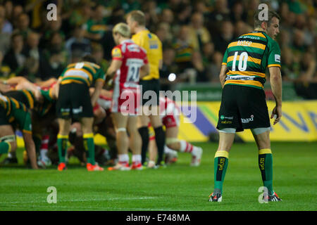 05.09.2014. Northampton, en Angleterre. Aviva Premiership. Northampton Saints et Gloucester Rugby. Stephen Myler (Northampton Saints) vérifie la position de sa ligne arrière avant une mêlée. Banque D'Images