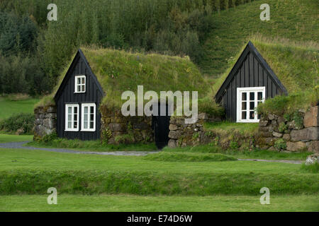 Maisons traditionnelles iclandic avec toits herbeux. Banque D'Images