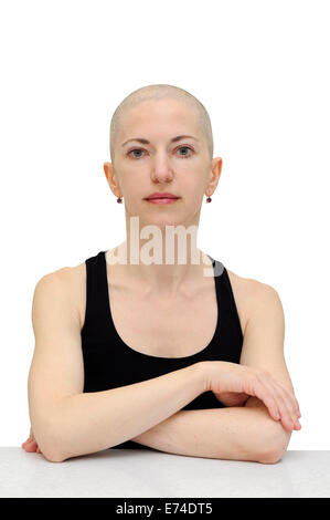 Bald Woman in Black T-shirt, isolé avec clipping path Banque D'Images