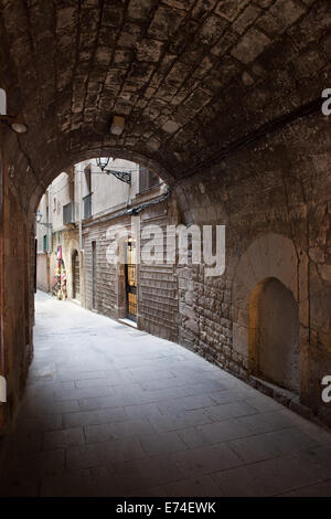 Passage voûté sur rue pavée, dans le quartier gothique de Barcelone (Barri Gotic) en Catalogne, Espagne. Banque D'Images