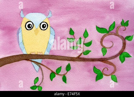 L'aquarelle de owl sitting on tree branch Banque D'Images