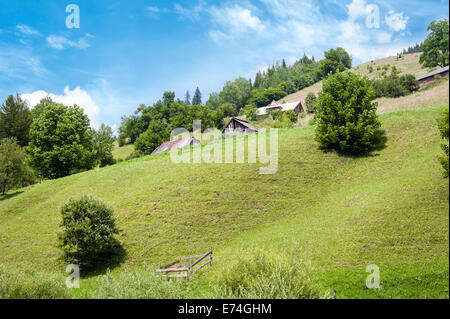 Paysage rural de Carpates. Petit village avec des maisons traditionnelles en bois de under blue sky Banque D'Images