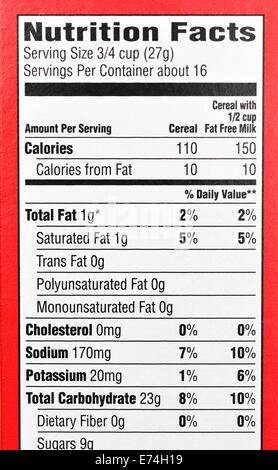 Le tableau de la valeur nutritive sur l'emballage alimentaire Banque D'Images