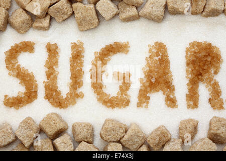 Le mot 'sugar' écrit avec la canne à sucre sur le sucre blanc et le sucre de canne brun fond cubes. Close-up. Banque D'Images