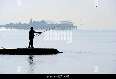 Brighton, Sussex, UK. Sep 7, 2014. Météo : les pêcheurs avec leurs lignes au large de la plage de Brighton en beau soleil tôt ce matin avec l'ensemble de prévisions d'être juste dans le sud-est au cours des quelques jours de crédit : Simon Dack/Alamy Live News Banque D'Images