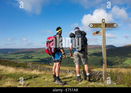 Le Cleveland Way National Trail, North York Moors National Park, Royaume-Uni. Les marcheurs donnant sur Bilsdale à partir de la banque en argile. Banque D'Images