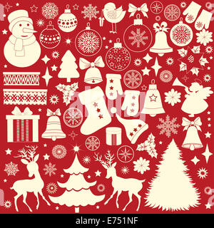Icônes rétro noël, ensemble d'éléments de Noël sur fond rouge Banque D'Images