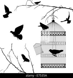 Les oiseaux en plein vol et la cage silhouettes sur fond blanc Banque D'Images