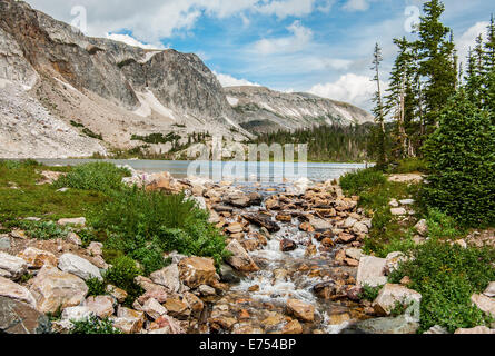 En streaming à partir d'un lac de montagne Banque D'Images