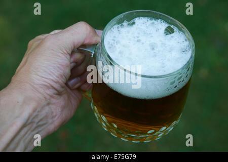 Tenir la main verre de bière blonde avec green lawn grass background, Cheers ! Banque D'Images