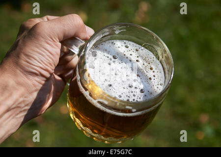 Tenir la main verre de bière blonde avec green lawn grass background, Cheers ! Banque D'Images