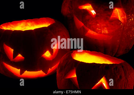 Citrouilles d'halloween cute illuminé isolé sur fond noir Banque D'Images