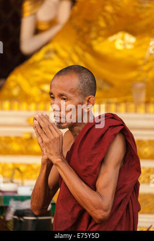 Le moine bouddhiste dans la prière du matin à la pagode Shwedagon, Yangon, Myanmar Banque D'Images