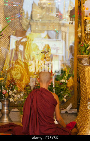 Jeune moine bouddhiste avec un tatouage sur le dos de sa tête, priant dans le temple, par derrière, Yangon, Myanmar Banque D'Images