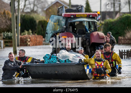 Les inondations sur les Somerset Levels - Un résident de la lande est sauvé de l'augmentation des crues par une équipe de bateau de police de mars 2014 Banque D'Images