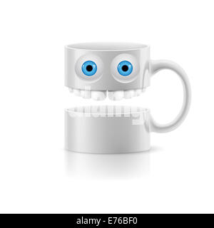 Mug blanc de deux parties avec dents et un couple des yeux bleus. Banque D'Images