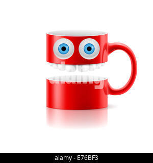 Tasse rouge de deux parties avec dents et un couple des yeux bleus. Banque D'Images