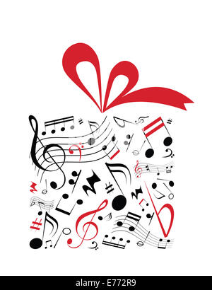 Concept de la musique vecteur de boîte-cadeau avec ruban rouge et pleine de notes de musique Banque D'Images