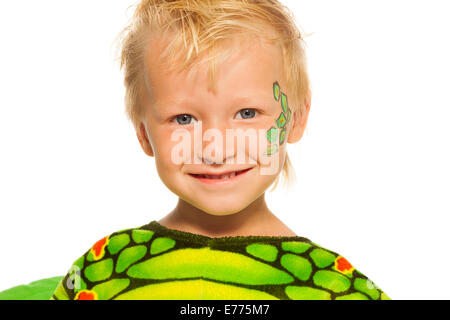 Fermer portrait de petit garçon en costume de dragon Banque D'Images