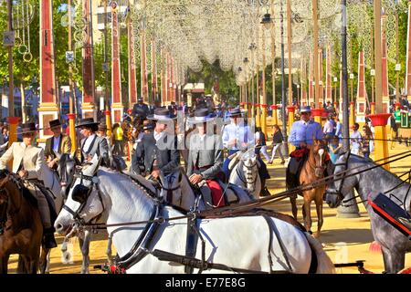 Horse And Carriage, foire aux chevaux annuelle, Jerez de la Frontera, province de Cadiz, Andalousie, Espagne, Europe du Sud Ouest Banque D'Images