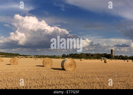 Paysage de la récolte avec des bottes de paille et St James Church Southrepps Norfolk UK Banque D'Images