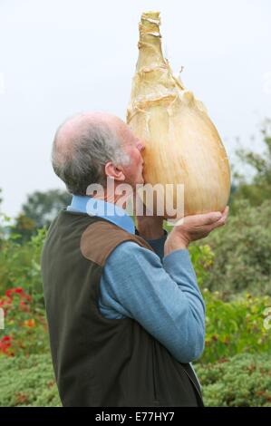 Harrogate, Yorkshire, UK. 8 Septembre, 2014. Harrogate Automne Show Peter Glazebrook détenteur du record mondial pour la plus lourde jamais d'oignons cultivés à 18lb 1/2 oz. Credit : Keith Foster/Alamy Live News Banque D'Images