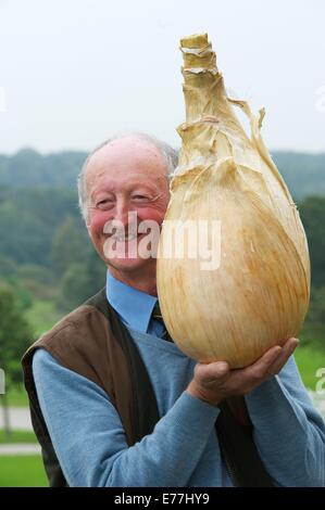 Harrogate, Yorkshire, UK. 8 Septembre, 2014. Harrogate Automne Show Peter Glazebrook détenteur du record mondial pour la plus lourde jamais d'oignons cultivés à 18lb 1/2 oz. Credit : Keith Foster/Alamy Live News Banque D'Images